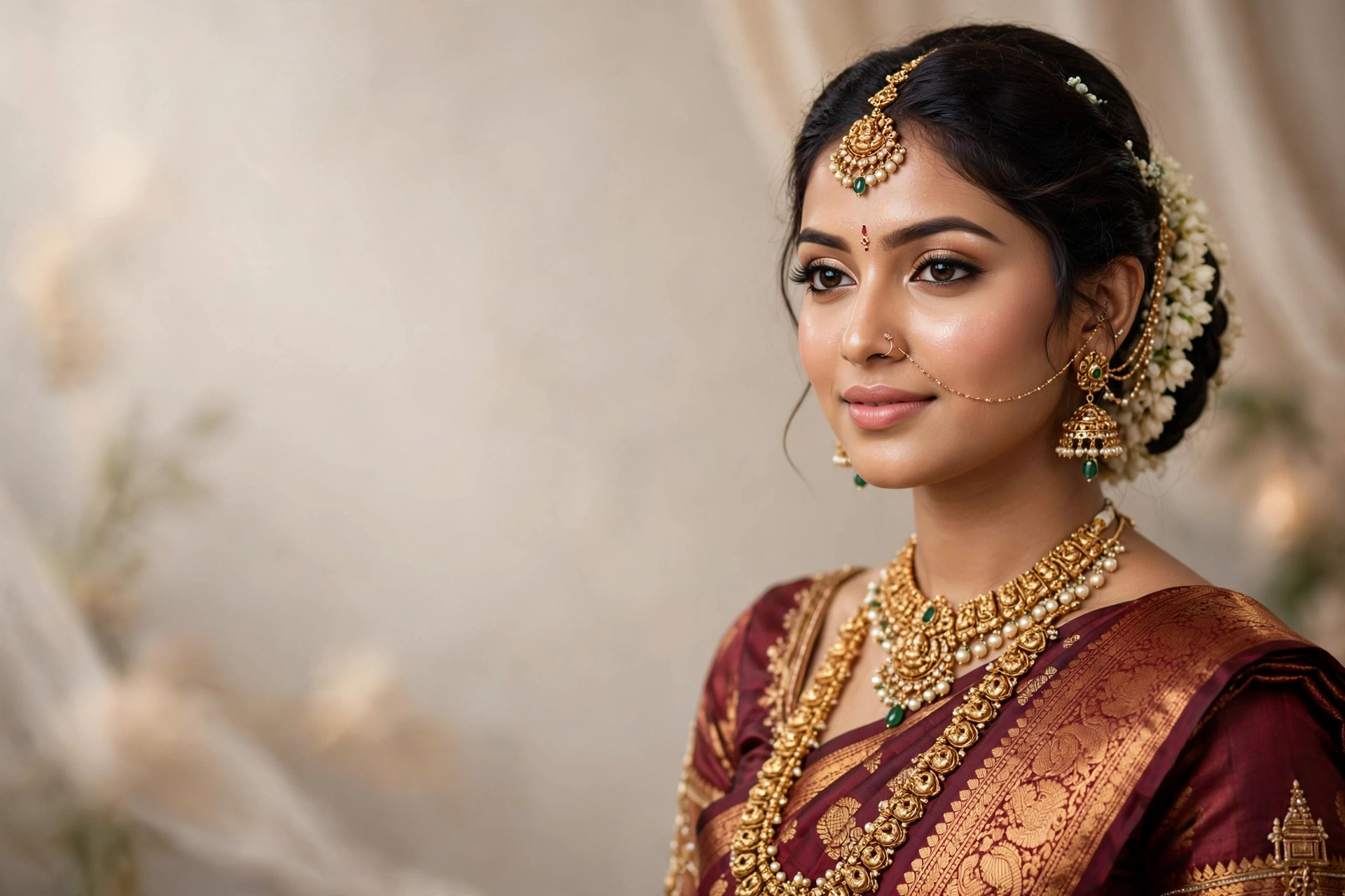 South Indian bride with flawless bridal makeup and traditional gold jewelry - Bridal Makeup Cost in Pollachi starts from Rs 3,500 at Feel Cute