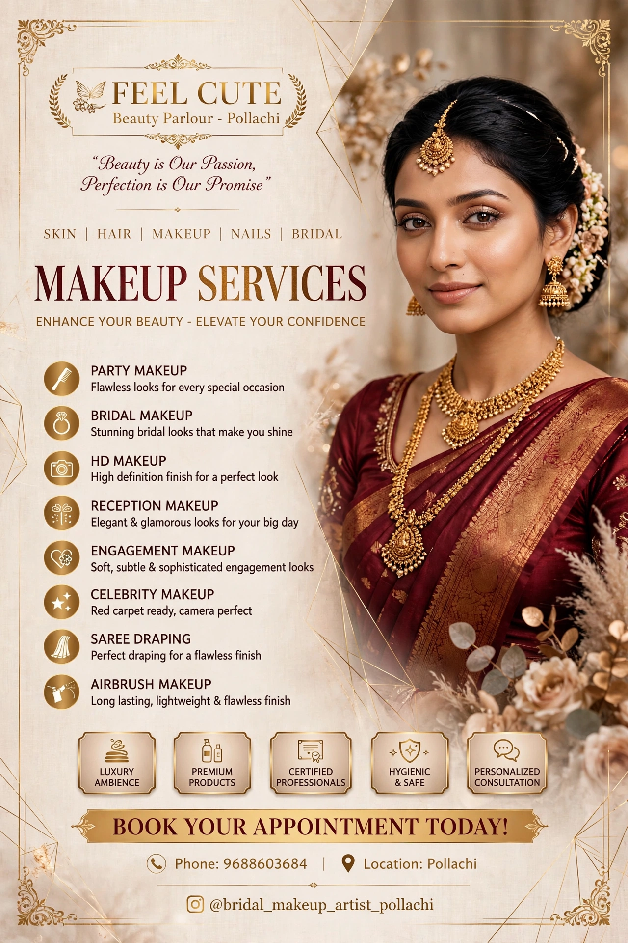 Feel Cute Beauty Parlour Pollachi makeup services poster - Bridal makeup, party makeup, HD makeup, reception, engagement, airbrush makeup and saree draping services - Book appointment 9688603684